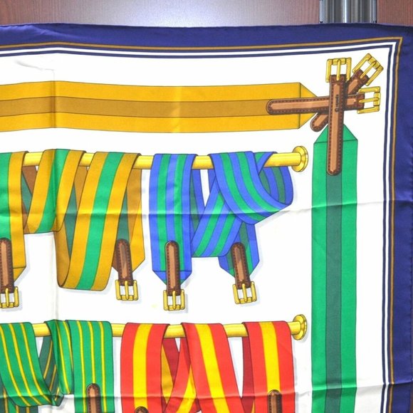 Authentic HERMES Carre 90 Scarf Suspenders Motif Silk Blue - Picture 4 of 14